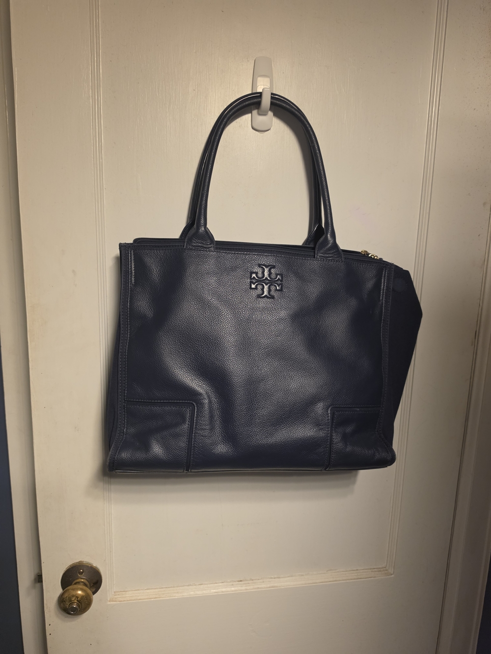 Tory Burch Navy Leather & Canvas Ella Tote with Logo Accent